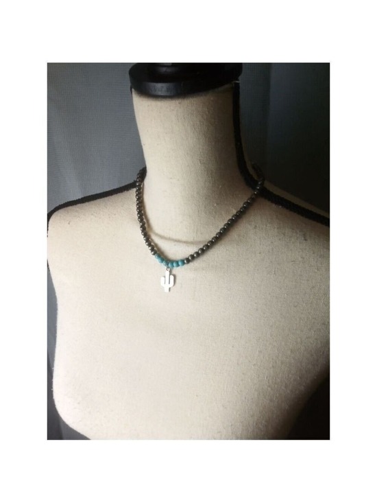 Unbranded Jewelry - Beaded Necklace with Cactus Charm - Gray & Turquoise
